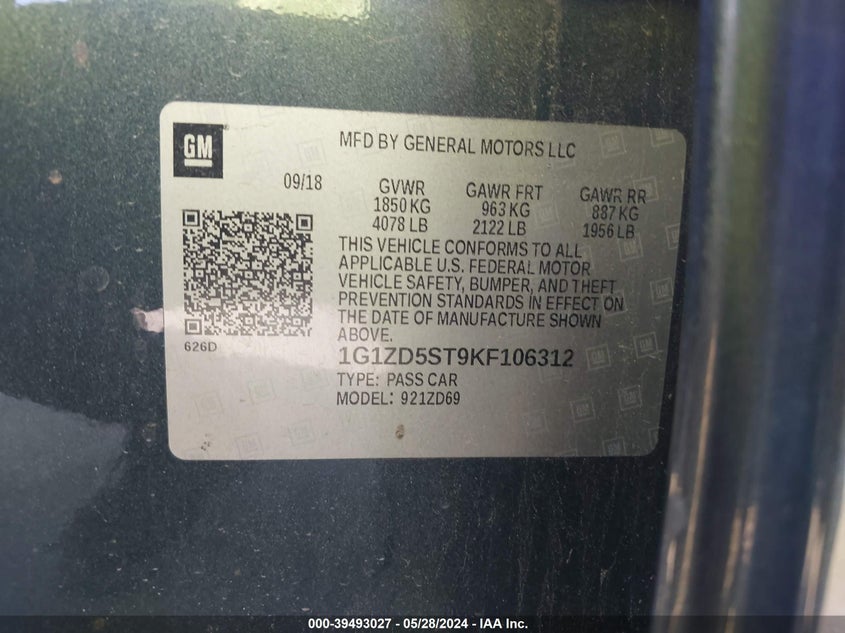 2019 Chevrolet Malibu Lt VIN: 1G1ZD5ST9KF106312 Lot: 39493027