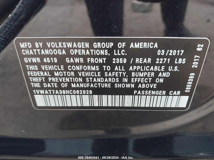 2017 Volkswagen Passat 1.8T S VIN: 1VWAT7A38HC062928 Lot: 39493041