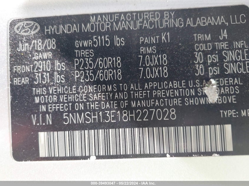 2008 Hyundai Santa Fe Limited/Se VIN: 5NMSH13E18H227028 Lot: 39493047