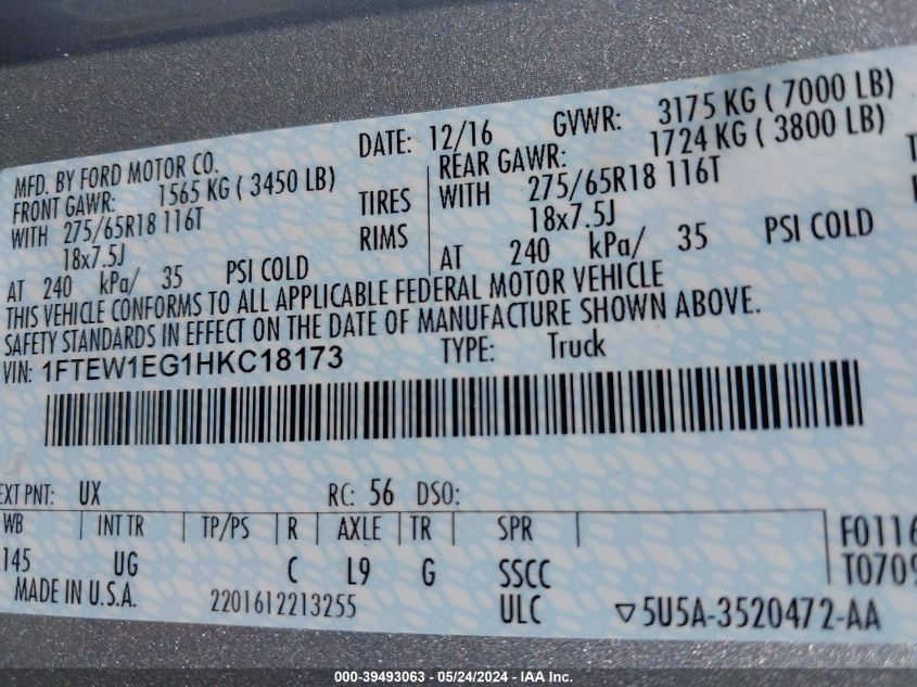 2017 Ford F-150 Xlt VIN: 1FTEW1EG1HKC18173 Lot: 39493063