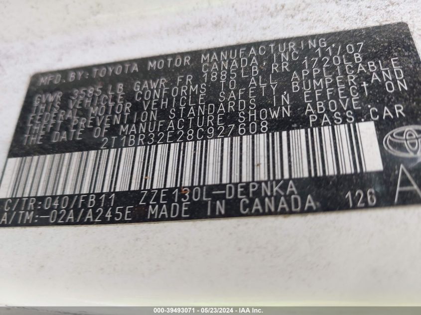 2008 Toyota Corolla Le VIN: 2T1BR32E28C927608 Lot: 39493071