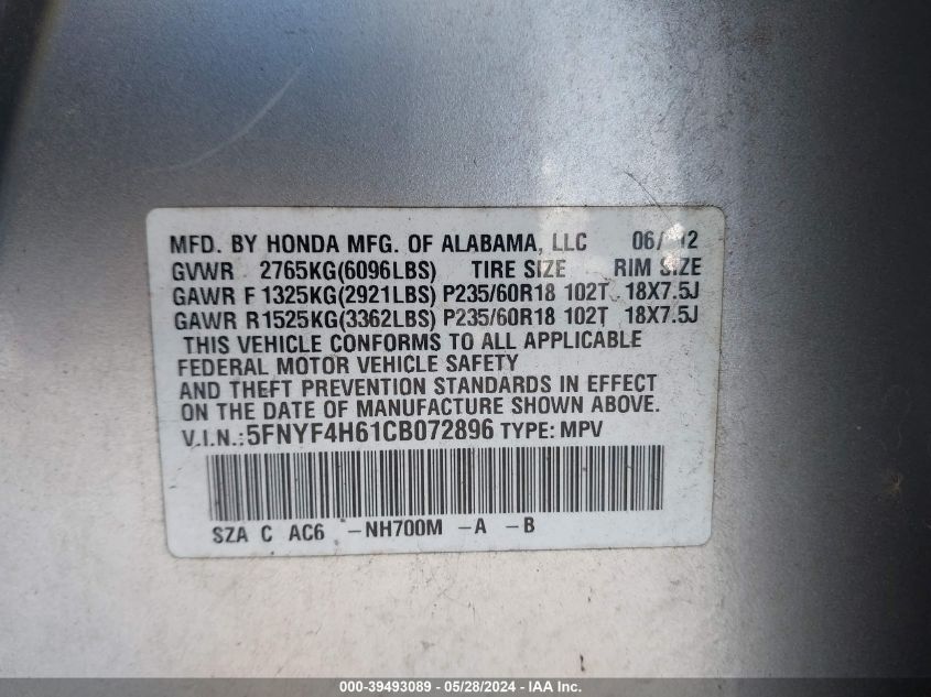 2012 Honda Pilot Ex-L VIN: 5FNYF4H61CB072896 Lot: 39493089
