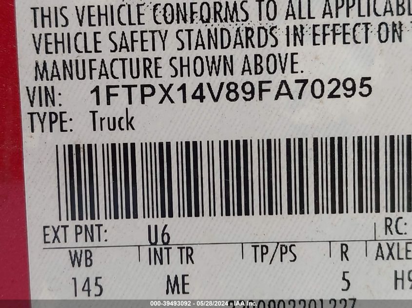 2009 Ford F-150 Fx4/Lariat/Xl/Xlt VIN: 1FTPX14V89FA70295 Lot: 39493092