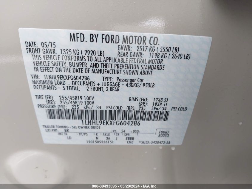 2015 Lincoln Mks VIN: 1LNHL9EKXFG604286 Lot: 39493095