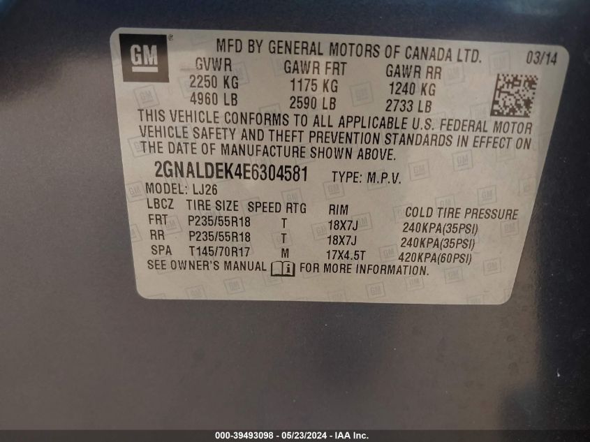 2014 Chevrolet Equinox Ltz VIN: 2GNALDEK4E6304581 Lot: 39493098