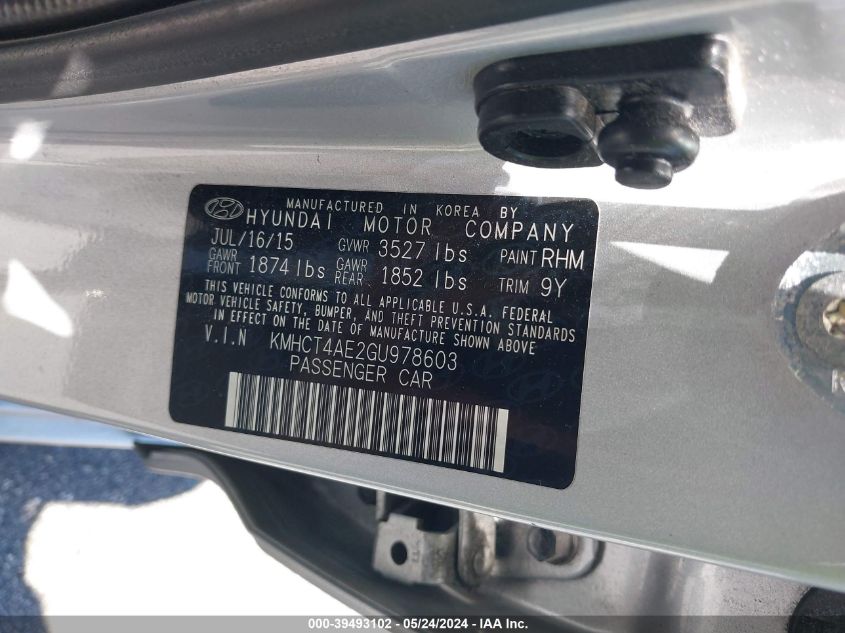 2016 Hyundai Accent Se VIN: KMHCT4AE2GU978603 Lot: 39493102