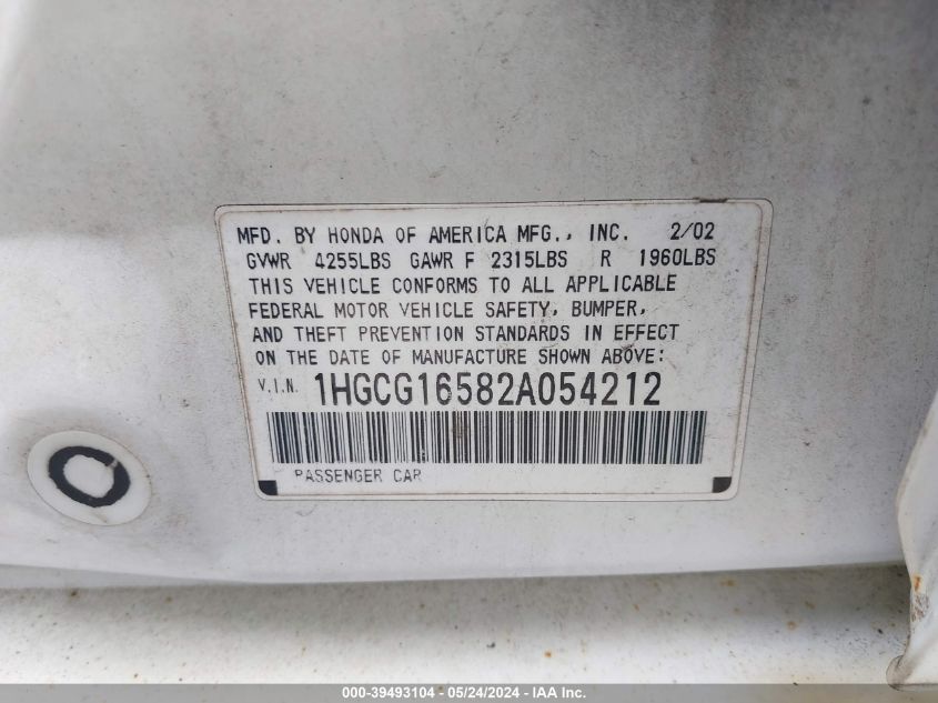 1HGCG16582A054212 2002 Honda Accord 3.0 Ex