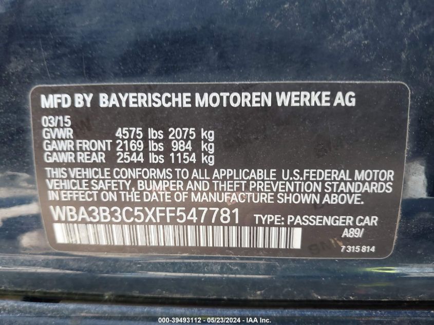 2015 BMW 328I xDrive VIN: WBA3B3C5XFF547781 Lot: 39493112