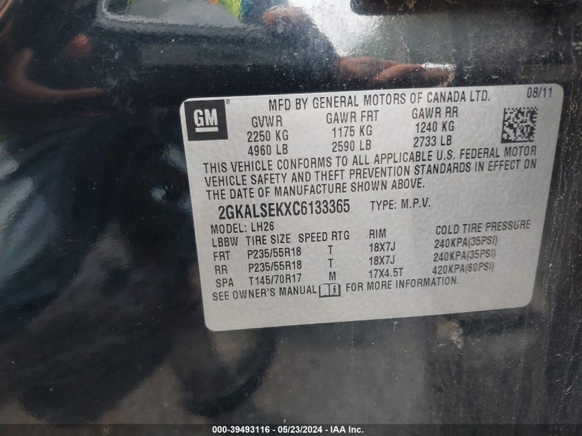 2012 GMC Terrain Sle-2 VIN: 2GKALSEKXC6133365 Lot: 39493116