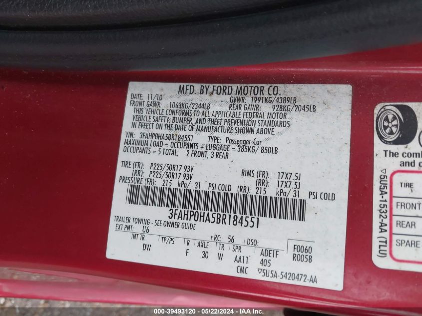 2011 Ford Fusion Se VIN: 3FAHP0HA5BR184551 Lot: 39493120