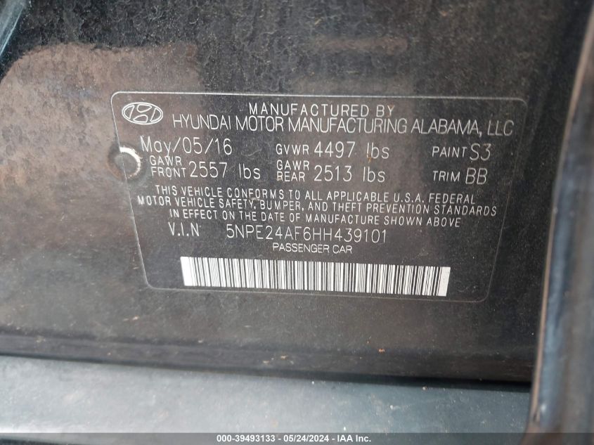 2017 Hyundai Sonata Se VIN: 5NPE24AF6HH439101 Lot: 39493133