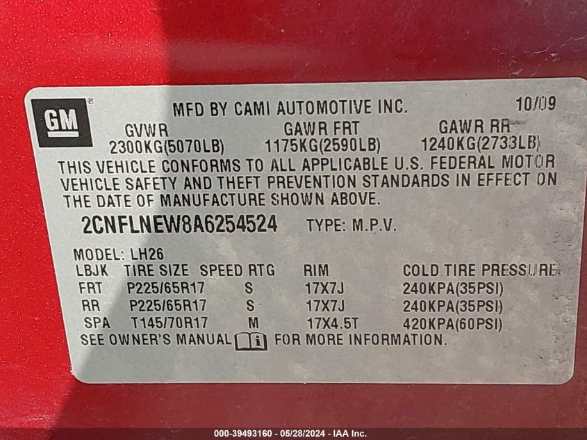 2010 Chevrolet Equinox Lt VIN: 2CNFLNEW8A6254524 Lot: 39493160