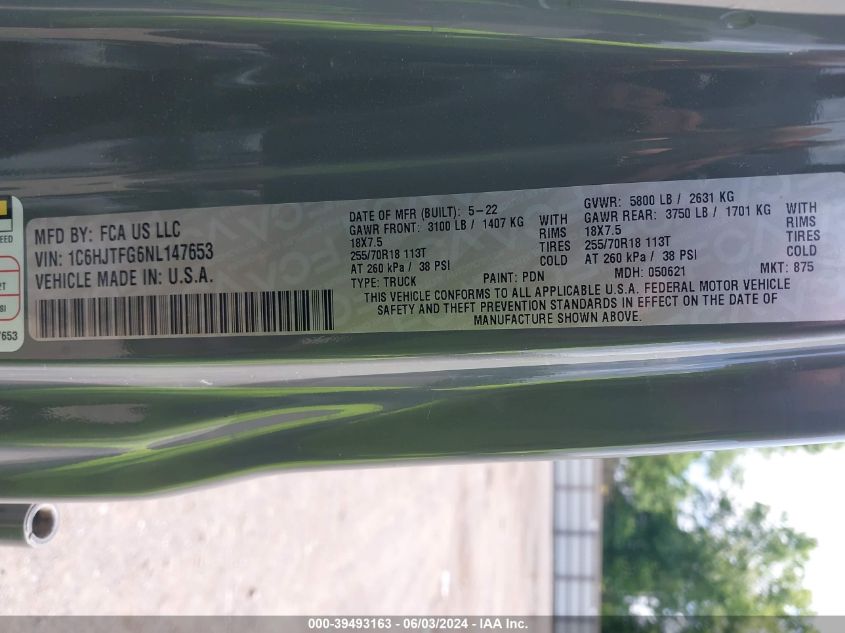 2022 Jeep Gladiator Overland 4X4 VIN: 1C6HJTFG6NL147653 Lot: 39493163