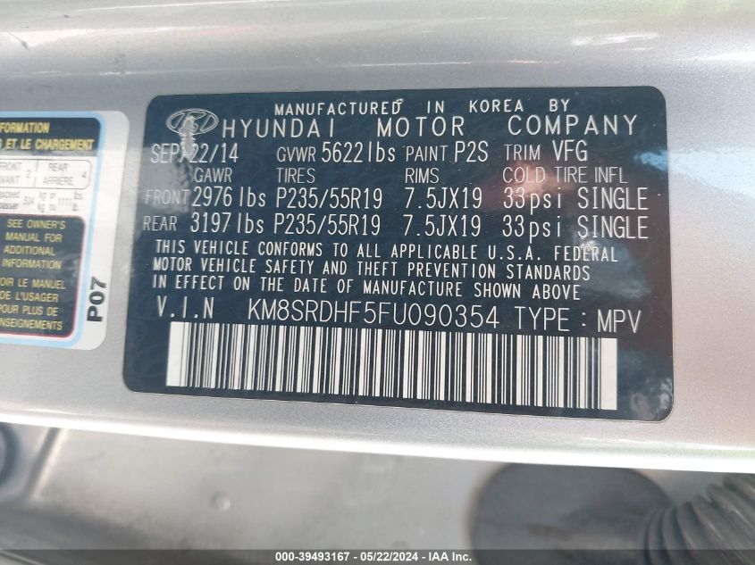 2015 Hyundai Santa Fe Limited VIN: KM8SRDHF5FU090354 Lot: 39493167