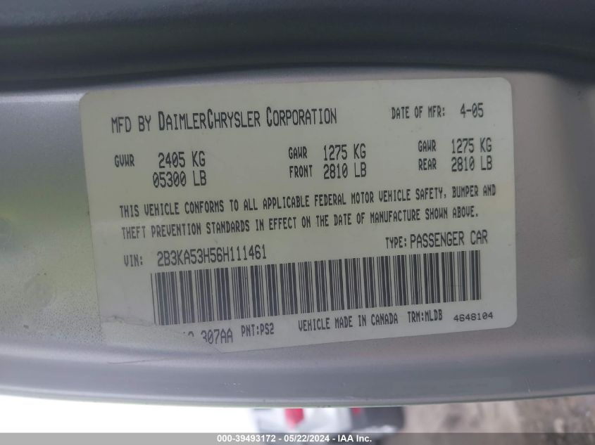 2006 Dodge Charger Rt VIN: 2B3KA53H56H111461 Lot: 39493172