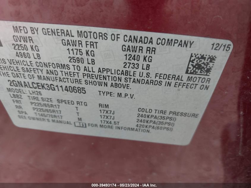 2016 Chevrolet Equinox Lt VIN: 2GNALCEK3G1140685 Lot: 39493174