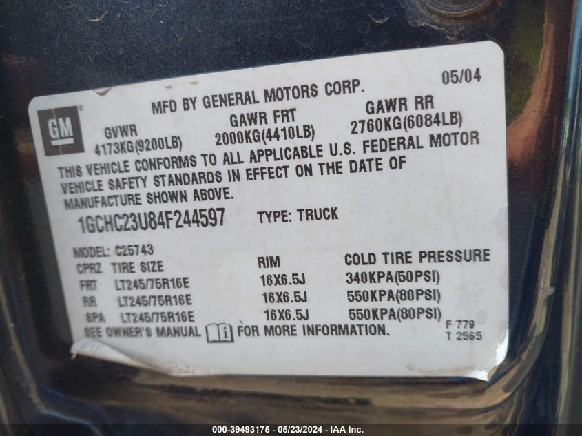 2004 Chevrolet Silverado 2500Hd Ls VIN: 1GCHC23U84F244597 Lot: 39493175