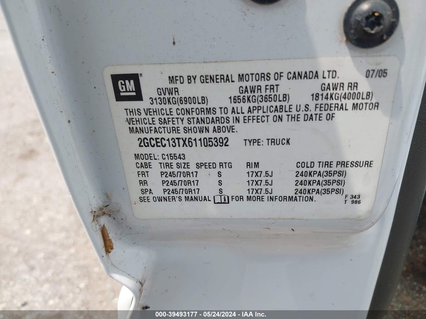 2006 Chevrolet Silverado 1500 Lt1 VIN: 2GCEC13TX61105392 Lot: 39493177