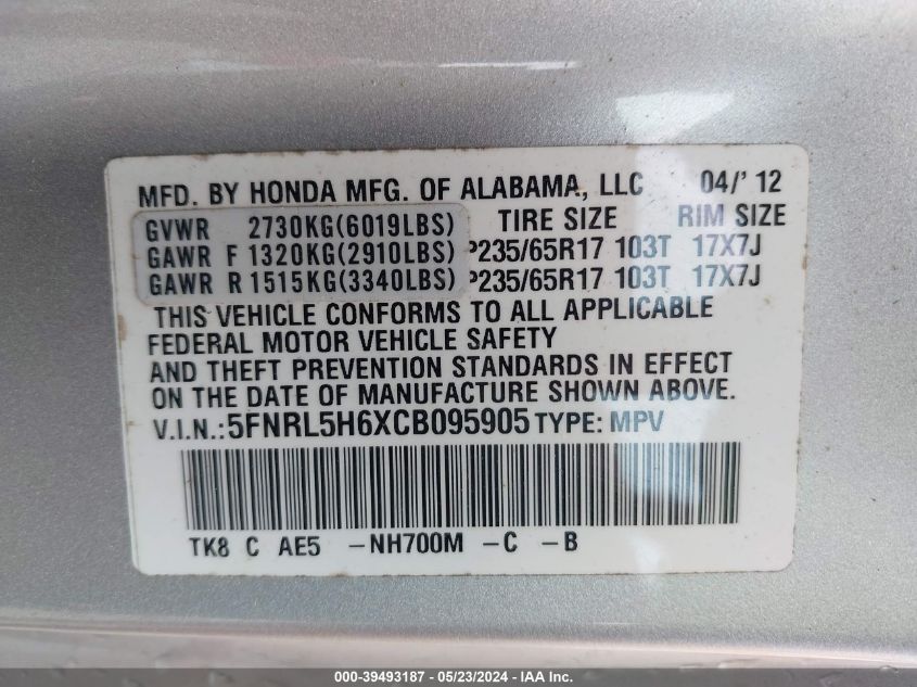2012 Honda Odyssey Ex-L VIN: 5FNRL5H6XCB095905 Lot: 39493187