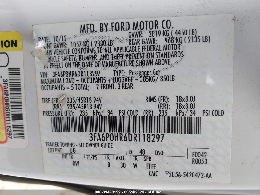 2013 FORD FUSION SE - 3FA6P0HR6DR118297