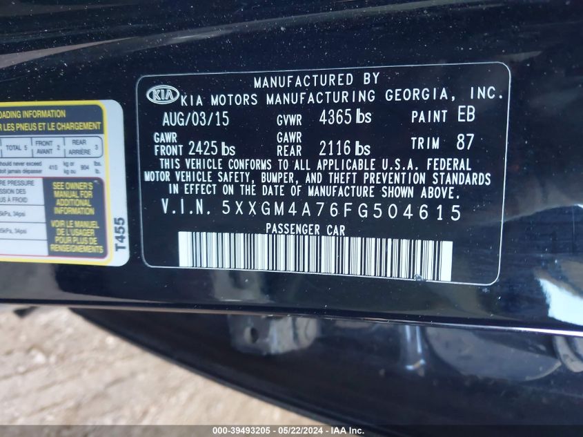 2015 Kia Optima Lx VIN: 5XXGM4A76FG504615 Lot: 39493205
