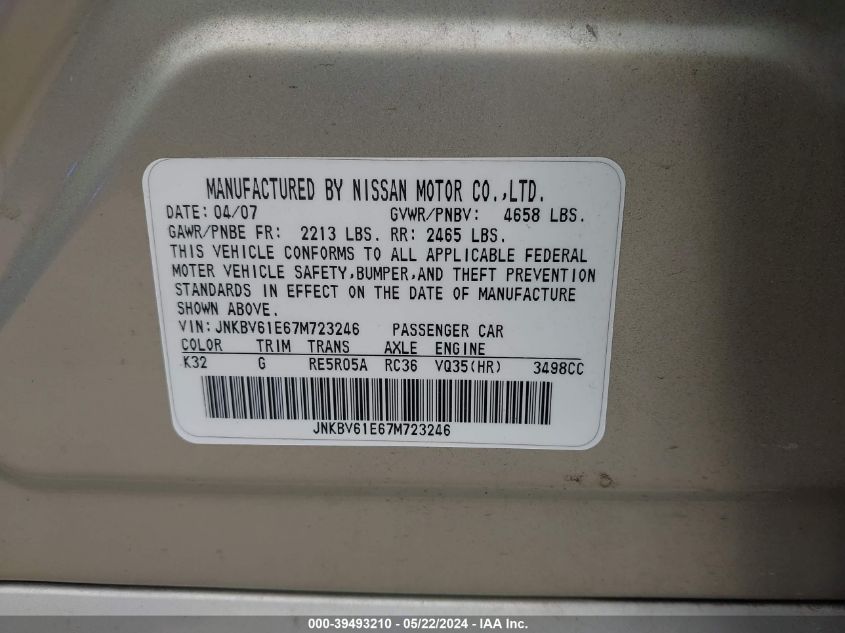 2007 Infiniti G35 Journey VIN: JNKBV61E67M723246 Lot: 39493210
