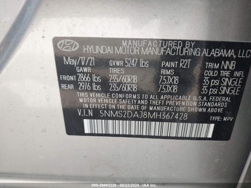 2021 Hyundai Santa Fe Sel VIN: 5NMS2DAJ8MH367428 Lot: 39493226