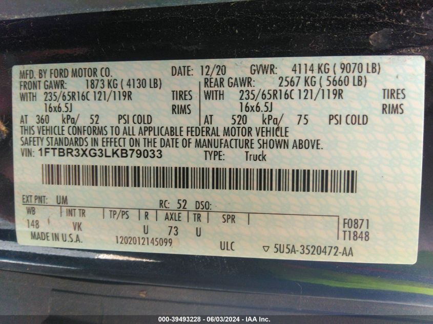 2020 Ford Transit-250 Cargo Van VIN: 1FTBR3XG3LKB79033 Lot: 39493228