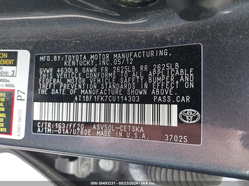 2012 Toyota Camry Se VIN: 4T1BF1FK7CU114303 Lot: 39493231