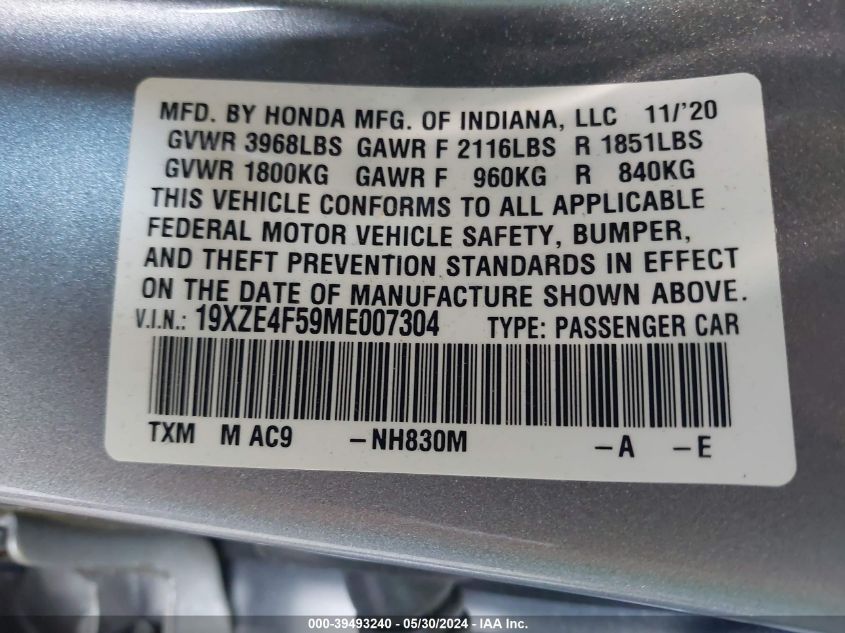 2021 Honda Insight Ex VIN: 19XZE4F59ME007304 Lot: 39493240