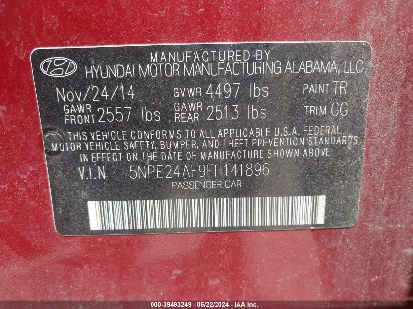 2015 Hyundai Sonata Se VIN: 5NPE24AF9FH141896 Lot: 39493249