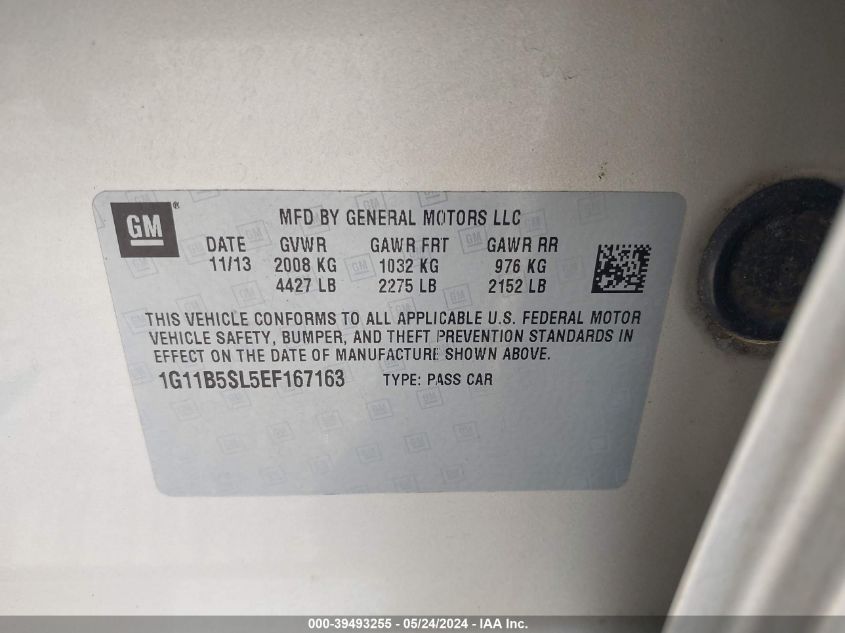 2014 Chevrolet Malibu 1Ls VIN: 1G11B5SL5EF167163 Lot: 39493255