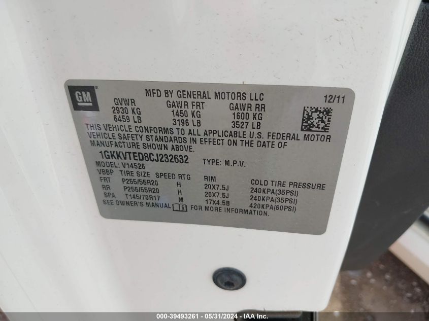 2012 GMC Acadia Denali VIN: 1GKKVTED8CJ232632 Lot: 39493261