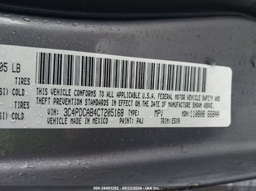 2012 Dodge Journey Se/Avp VIN: 3C4PDCAB4CT205168 Lot: 39493262