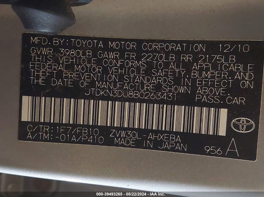 2011 Toyota Prius Three VIN: JTDKN3DU8B0263431 Lot: 39493265