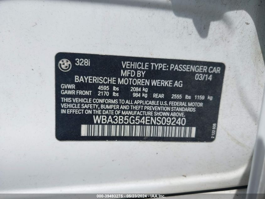 2014 BMW 328I xDrive VIN: WBA3B5G54ENS09240 Lot: 39493275