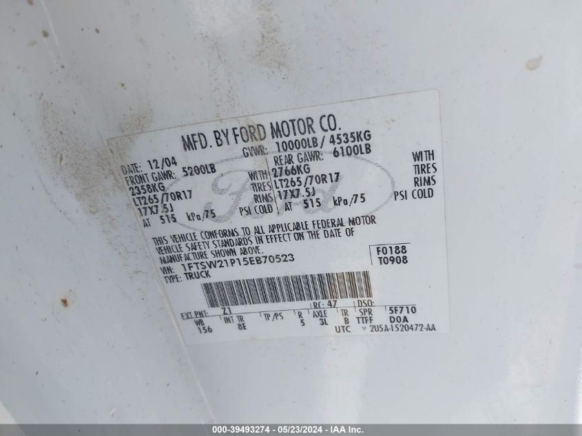 2005 Ford F-250 Lariat/Xl/Xlt VIN: 1FTSW21P15EB70523 Lot: 39493274