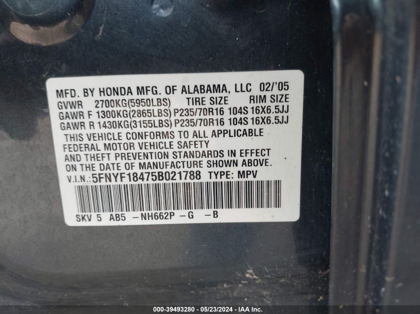 2005 Honda Pilot Ex VIN: 5FNYF18475B021788 Lot: 39493280
