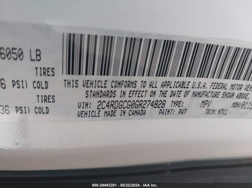 2016 Dodge Grand Caravan Sxt VIN: 2C4RDGCG0GR274828 Lot: 39493281