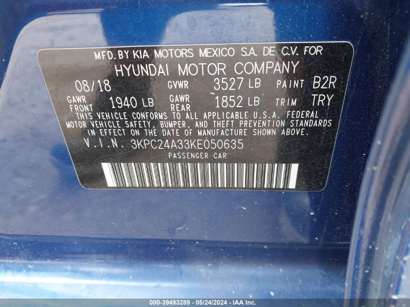 2019 Hyundai Accent Se VIN: 3KPC24A33KE050635 Lot: 39493289