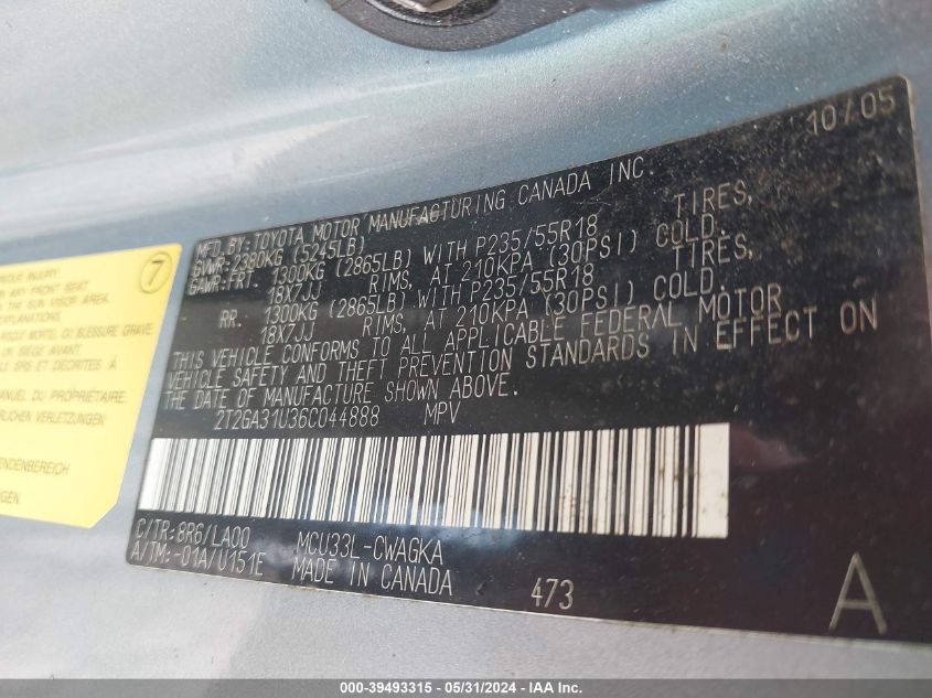 2006 Lexus Rx 330 VIN: 2T2GA31U36C044888 Lot: 39493315