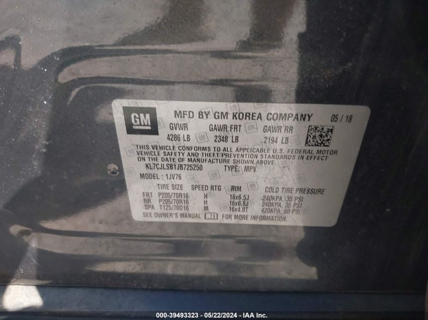 2018 Chevrolet Trax Lt VIN: KL7CJLSB1JB725250 Lot: 39493323