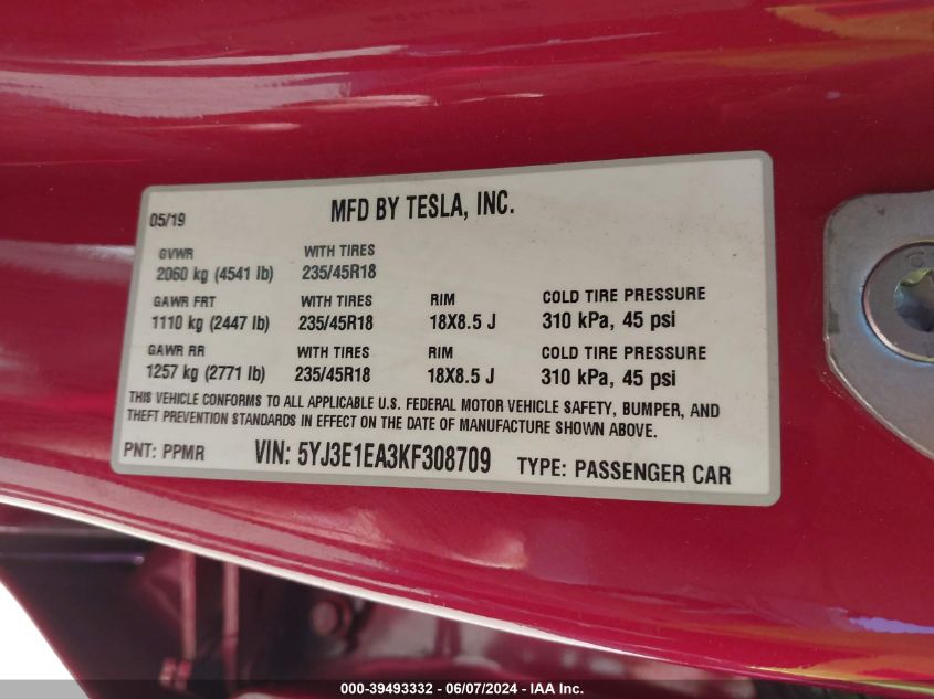 2019 Tesla Model 3 Long Range/Mid Range/Standard Range/Standard Range Plus VIN: 5YJ3E1EA3KF308709 Lot: 39493332