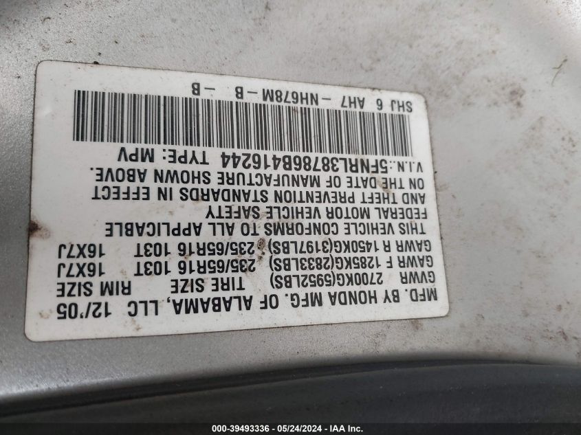 2006 Honda Odyssey Ex-L VIN: 5FNRL38786B416244 Lot: 39493336