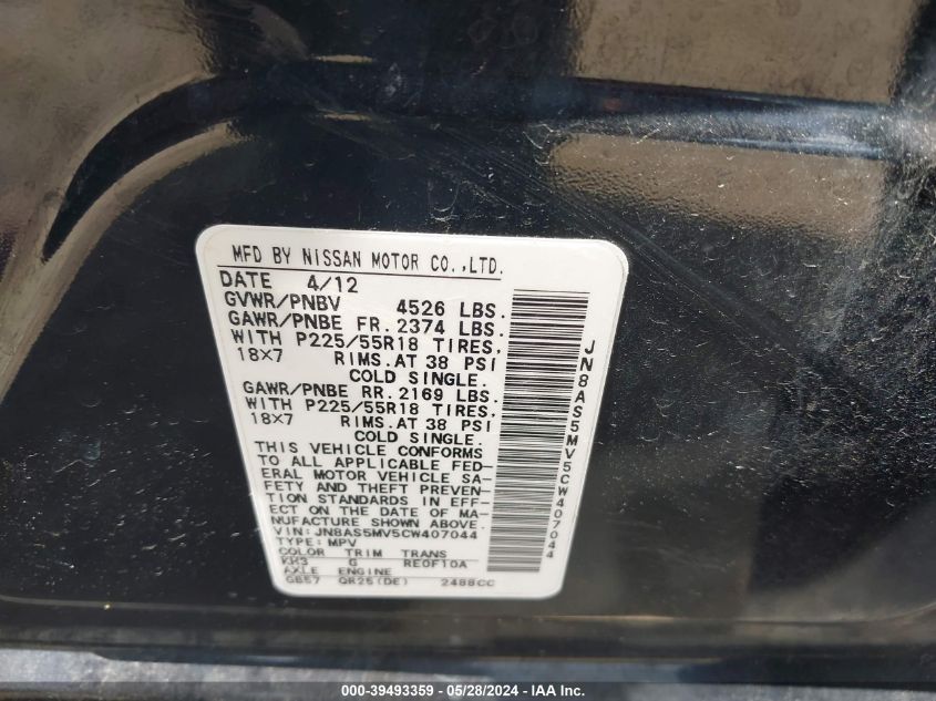 2012 Nissan Rogue Sv W/Sl Pkg VIN: JN8AS5MV5CW407044 Lot: 39493359