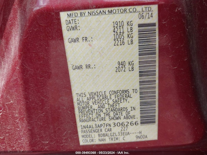 2015 Nissan Altima 2.5 S VIN: 1N4AL3AP7FN306266 Lot: 39493368