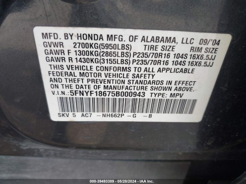 2005 Honda Pilot Exl VIN: 5FNYF18675B000943 Lot: 39493389