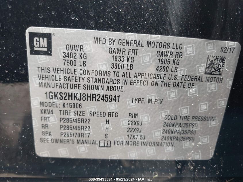 2017 GMC Yukon Xl Denali VIN: 1GKS2HKJ8HR245941 Lot: 39493391