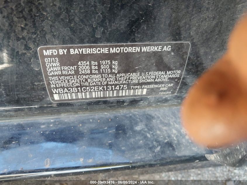 2014 BMW 320I VIN: WBA3B1C52EK131475 Lot: 39493416