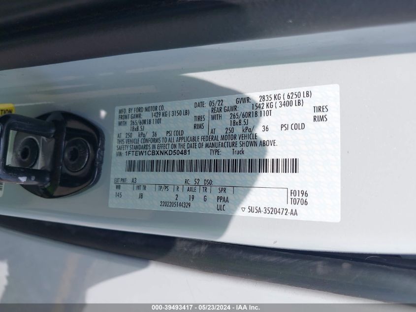 2022 Ford F-150 Xl VIN: 1FTEW1CBXNKD50481 Lot: 39493417